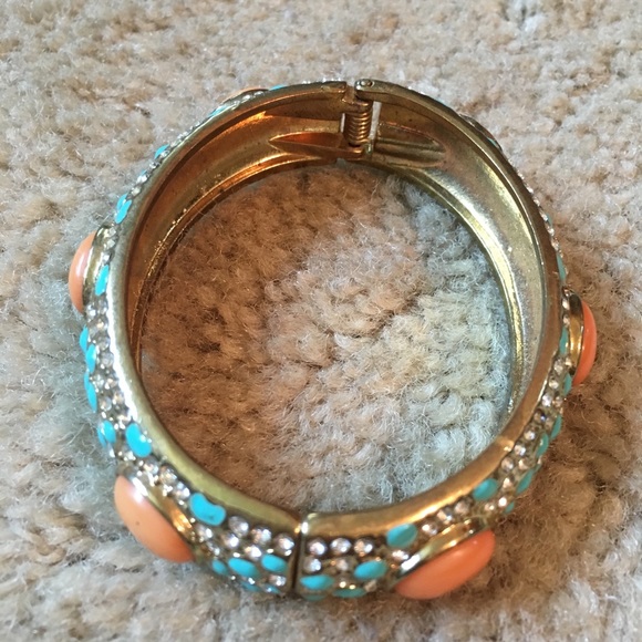 Coral/turquoise/crystal gold hinge bangle bracelet - Picture 2 of 3